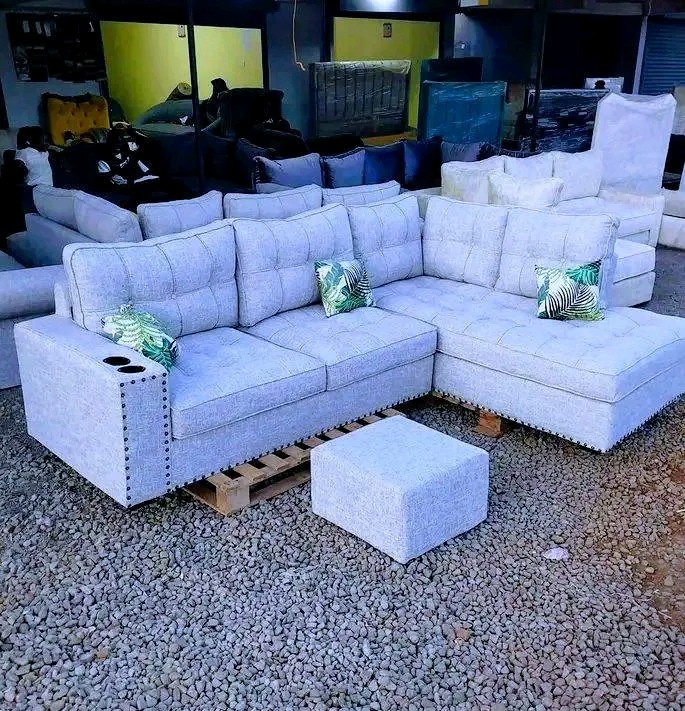White Spring cushion L shape sofa set